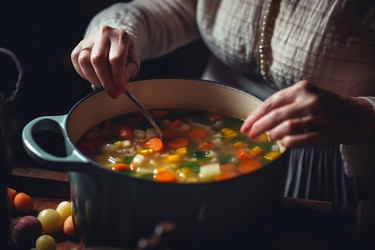 Женщина протягивает кастрюлю для приготовления пищи. Генерировать искусственный интеллект - yliv
