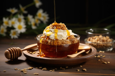 Вкусный десерт с овсяными хлопьями и деревянной ложкой для меда на столе. Сладкая еда из фруктовых хлопьев. Генерировать искусственный интеллект - yliv