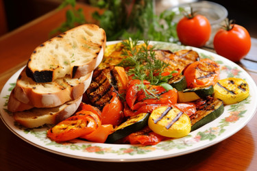 Вкусное блюдо из органических овощей, приготовленных на гриле, и запеченного хлеба. Легкий ужин из блюд зеленой кухни. Генерировать искусственный интеллект - yliv