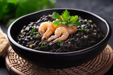 Вкуснейшее черное ризотто с морепродуктами в миске. Генерировать искусственный интеллект - yliv