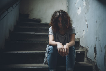 Подавленная молодая женщина сидит на лестнице. Генерация ИИ - yliv