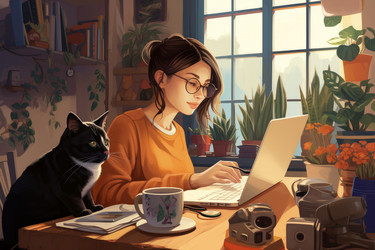 женщина с кошкой работает утром за домашним столом. генеративный контент - yliv
