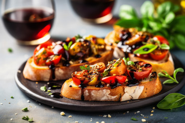 вкусные брускетты с бальзамическим уксусом, посыпанные свежими продуктами. рецепт домашней еды для гурманов кулинарии. генеративный контент - yliv