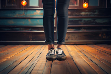 Beautiful woman legs on wood floor. Cute female leg, foot beauty. Generate Ai - yliv