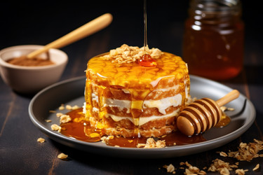 Вкусный десерт с овсяными хлопьями и медом на домашнем столе. Перекус зерновой диетической овсянкой. Генерировать искусственный интеллект - yliv
