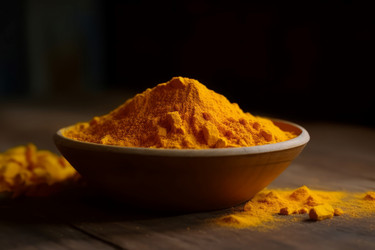Блюдо с порошком куркумы на тарелке. Пряный органический продукт. Генерировать искусственный интеллект - yliv