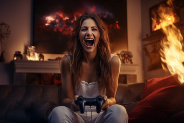 Эмоциональная женщина сидит на диване и играет в видеоигры. Генерировать искусственный интеллект - yliv