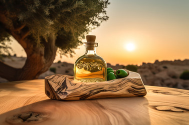 Бутылка оливкового масла первого отжима sunset nature. Генерировать искусственный интеллект - yliv