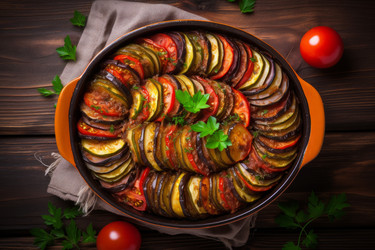 Вкусный рататуй в форме для запекания со свежими овощами. Рецепт приготовления диетических свежих продуктов. Генерировать искусственный интеллект - yliv