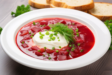 Вкусный борщ со сметаной на деревянном столе. Создать ИИ - yliv