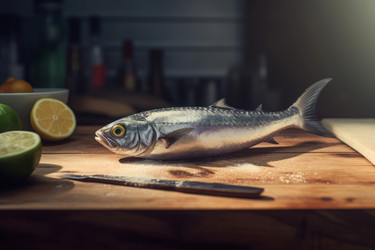 Свежая скумбрия на деревянной доске. Процесс приготовления сырых морепродуктов на кулинарной кухне. Генерировать искусственный интеллект - yliv