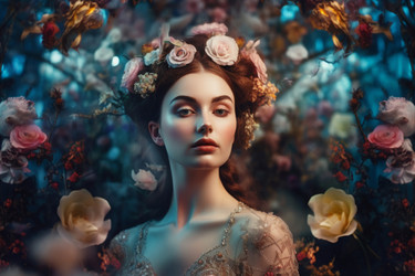 красивая девушка в моде в цветах. милый портрет красавицы с цветочным рисунком на лице. генеративный контент - yliv