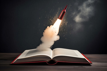 Творческая идея ракеты, появляющейся из открытой книги. Визуализируйте учебный дизайн дочернего элемента. Генерировать искусственный интеллект - yliv