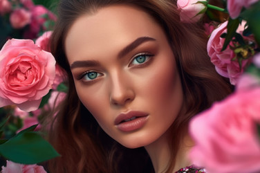 Модная съемка женщины. Красивое женское лицо с розовыми цветами. Генерировать искусственный интеллект - yliv