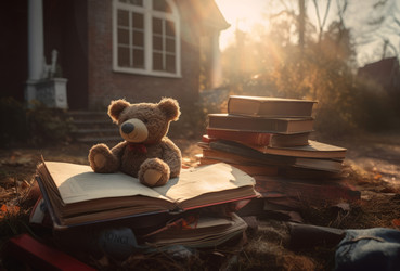 Старый дом со стопкой книг и плюшевым мишкой. Генерировать искусственный интеллект - yliv