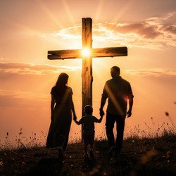 семья, идущая к деревянному кресту на закате - artshock
