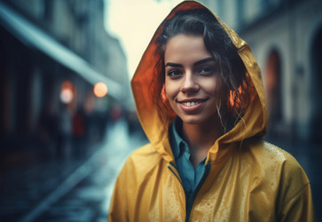 Счастливая позитивная улыбающаяся женщина в плаще. Уличная модель мокрой осенней женщины. Генерировать искусственный интеллект - yliv