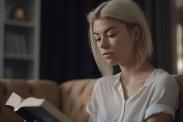 Блондинка читает книгу в гостиной. Читательница сидит на уютном мягком диване. Генерировать искусственный интеллект - yliv