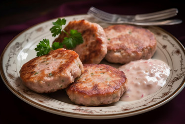 традиционные котлеты мортаделла поливают соусом. подаем запеченное мясо с зелеными кулинарными травами. генеративный контент - yliv