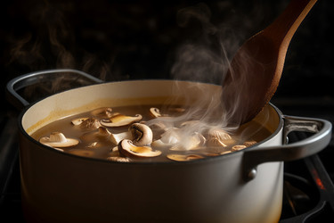 Смешиваем кипящий грибной суп в кастрюле. Сосуд для приготовления полезного овощного ужина. Генерировать искусственный интеллект - yliv