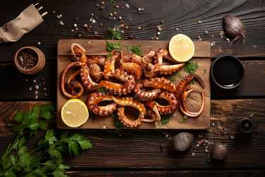 Вкусная доска для приготовления кальмаров на гриле. Лимонная огневая пища, морская вода. Генерировать искусственный интеллект - yliv