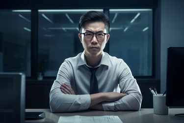 Азиатский мужчина работает офисным разработчиком. Интернет-продажа информации о товарных запасах. Генерация ИИ - yliv