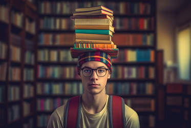 Молодой студент в очках с книгами в книжном магазине. Генерировать искусственный интеллект - yliv