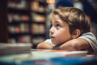 Любопытный маленький мальчик в книжном магазине. Генерировать искусственный интеллект - yliv