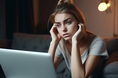 Изучение онлайн-уроков колледжа на ноутбуке с грустным лицом. Генерировать искусственный интеллект - yliv