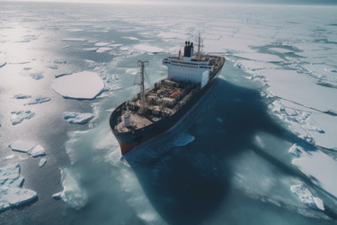 Корабль плывет по морской ледяной воде. Антарктический круизный ледокольный катер на ледниковой поверхности моря. Генерировать искусственный интеллект - yliv