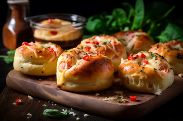 Мини-булочки для пиццы, запеченные в духовке, подаются на деревянной доске. Традиционное итальянское блюдо из мелкой выпечки. Генерировать искусственный интеллект - yliv