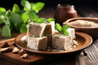 Тарелка с кусочками вкусной халвы и натуральным мятным лакомством. Генерировать искусственный интеллект - yliv