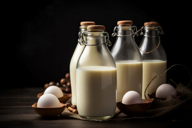 Алкогольный напиток в бутылках Eggnog. Сладкий жидкий напиток темного стекла. Генерация ИИ - yliv