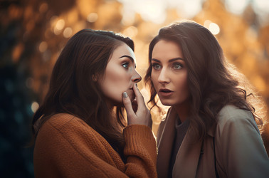 Женщина шепчет тайную женщину. Две подруги делятся новостями после выходных. Создать ИИ - yliv