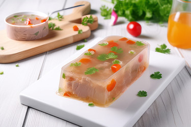 русское мясное желе, изолированное на борту. кулинарное блюдо - заливная курица по-деревянному. генеративный контент - yliv