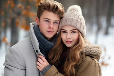 Милая молодая пара в теплой одежде на природе. Генерация ИИ - yliv