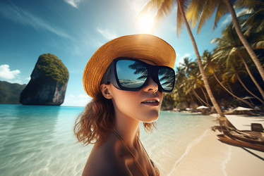 Женщина в очках VR. Приятные тропические эмоции, вызванные устройством виртуальной реальности. Создать ИИ - yliv