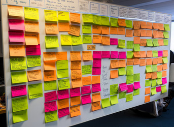 Управление проектами Scrum board с красочными наклейками. Система рабочей группы по планированию и прогрессу. Генерировать искусственный интеллект - yliv