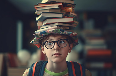 Студент в очках, держащий книги у изголовья. Библиотека хранит изучаемую информацию. Генерировать искусственный интеллект - yliv