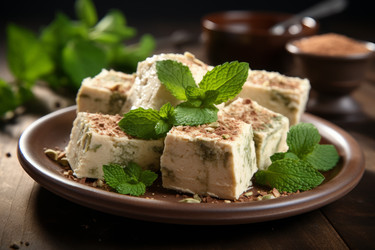 Тарелка с кусочками вкусной халвы и мяты на деревянный стол. Создать ИИ - yliv