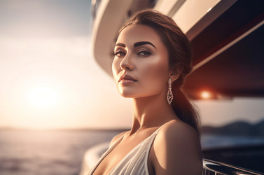 Роскошная яхта счастливой женщины на закате. Парусный корабль - привлекательная вечеринка для отдыха. Генерировать искусственный интеллект - yliv