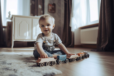 Маленький мальчик играет с игрушечным локомотивом. Очаровательный малыш сидит на полу в комнате с игрой в поезд. Генерировать искусственный интеллект - yliv