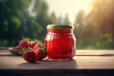 стеклянная банка с клубничным джемом на столе на открытом воздухе. зимнее консервирование натуральных продуктов питания. генеративный контент - yliv