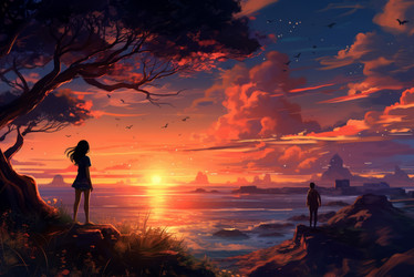 Анимационная игра-визуальный роман Sunset nature girl. Искусство пляжной моды magic sky. Генерировать искусственный интеллект - yliv
