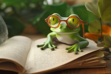 Зеленые лягушачьи очки на книге. Генерировать искусственный интеллект - yliv