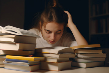 Молодая женщина, изучающая много книг, чувствует усталость. Генерировать искусственный интеллект - yliv