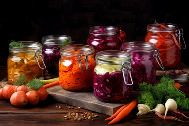 Деревянная доска для банок с маринованными овощами. Натуральные специи. Генерировать искусственный интеллект - yliv