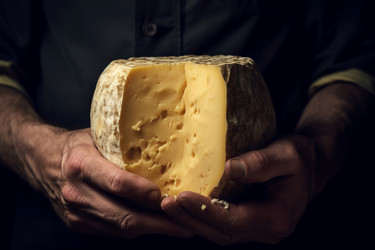Сыроварня с сыром в руках. Колесо для хранения органических свежих продуктов. Генерировать искусственный интеллект - yliv