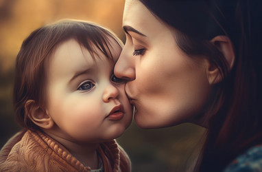 Симпатичная мать и дочь целуются на природе на открытом воздухе. Семейный портрет женщины-любящего родителя. Генерировать искусственный интеллект - yliv