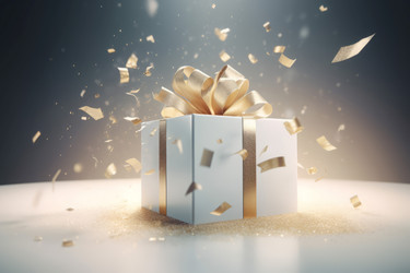 Golden ribbon gift box confetti. New holiday. Generate Ai - yliv